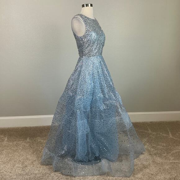 Betsy & Adam Sheer Sequined Backless Ball Gown Blue Size 4 Long Formal Dress - Picture 3 of 13
